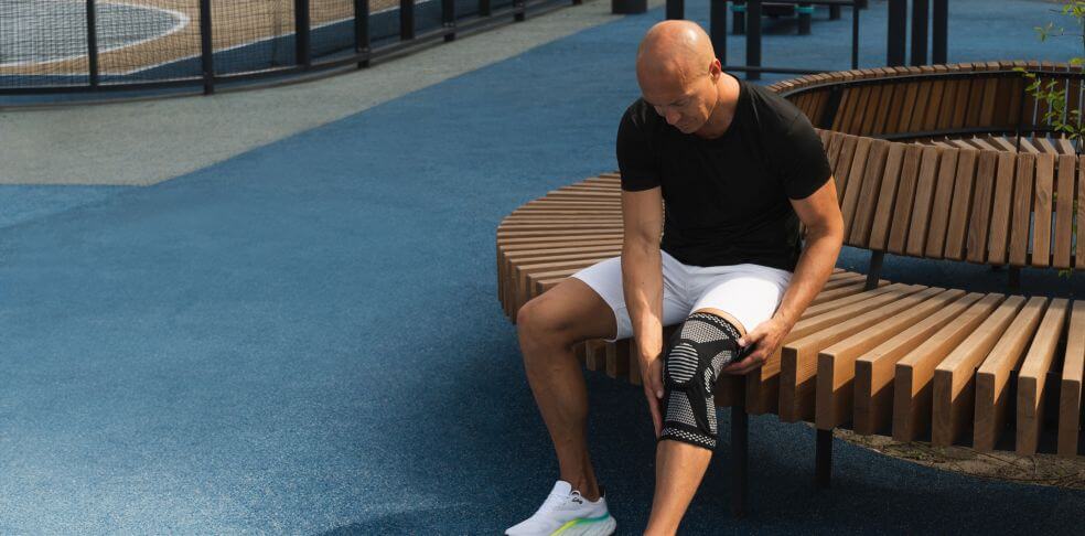 Man sitting on a park bench adjusting a leg compression sleeve